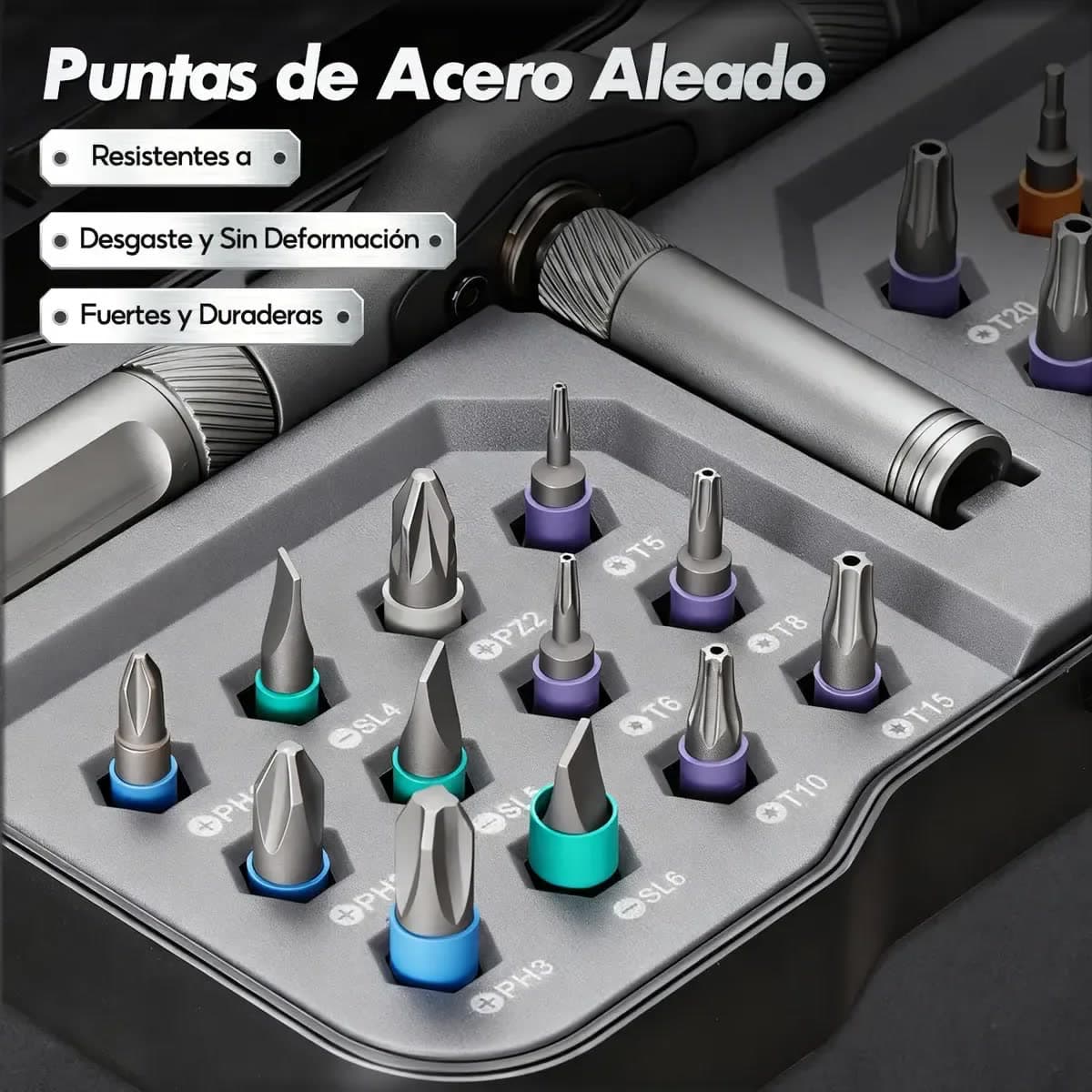 Puntas de acero aleado ordenadas en el estuche