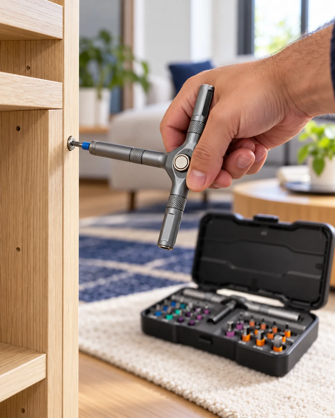 Apretando el tornillo de un mueble de madera