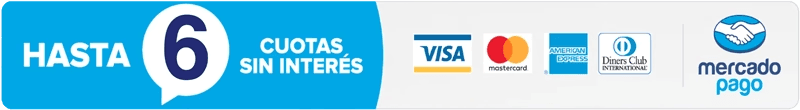 Hasta 6 cuotas sin interés con Mercado Pago: Visa, Mastercard, American Express y Diners Club